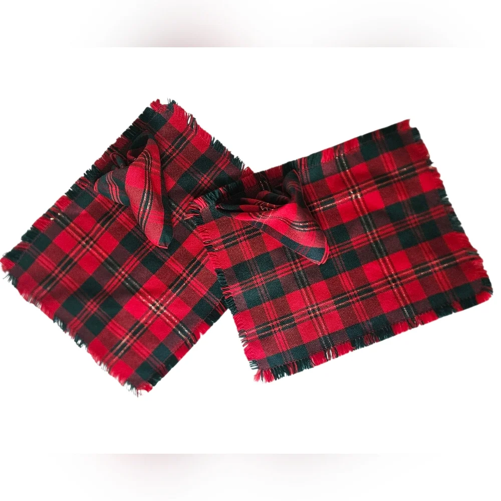 Red Tartan Plaid Gold Thread Placemats & Napkins x 2